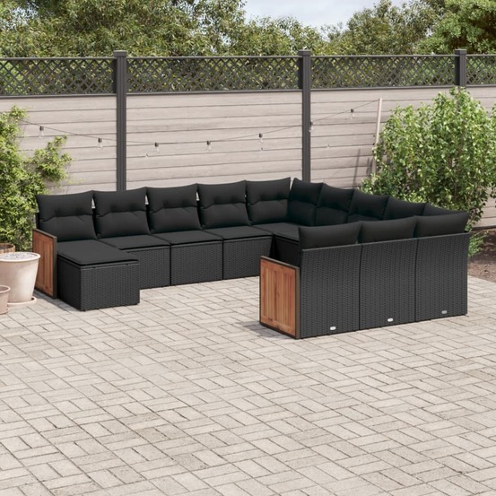 Salon de jardin 12 pcs avec coussins noir résine tressée