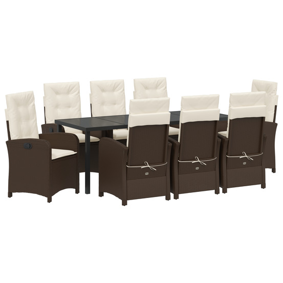Ensemble de dîner de jardin de 9 pièces avec coussins en rattan poly brun
