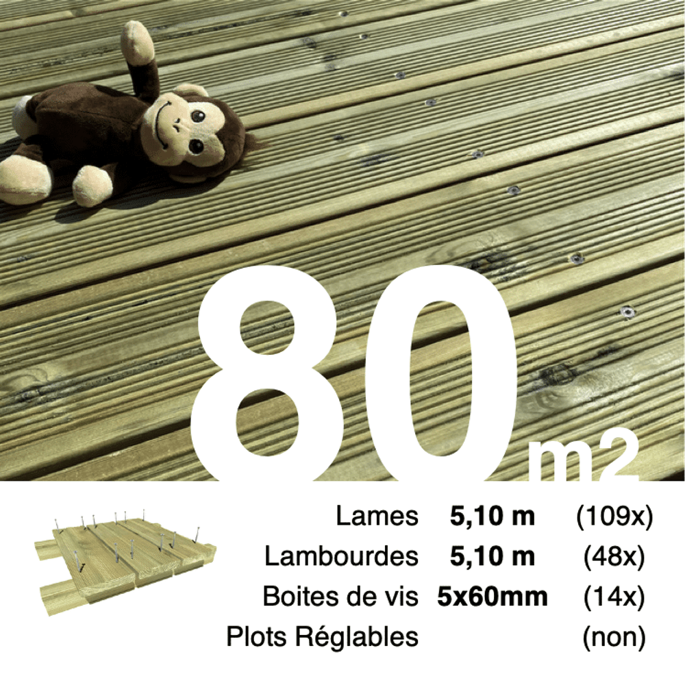 Kit terrasse pin autoclave vert pour 80 m², lames 5,1 m, lambourdes 5,1 m et visserie inox.