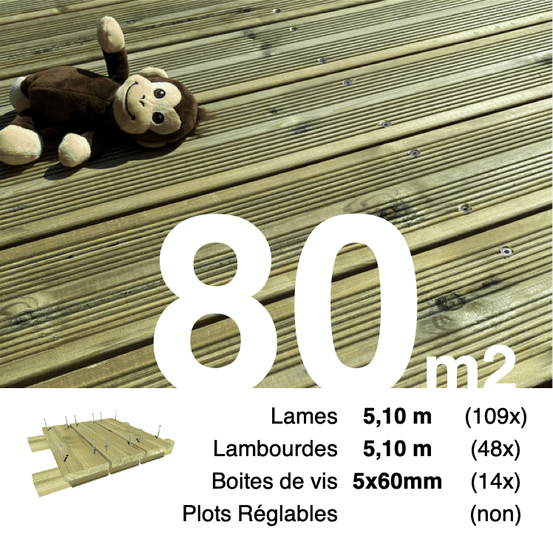 Kit terrasse pin autoclave vert pour 80 m², lames 5,1 m, lambourdes 5,1 m et visserie inox.
