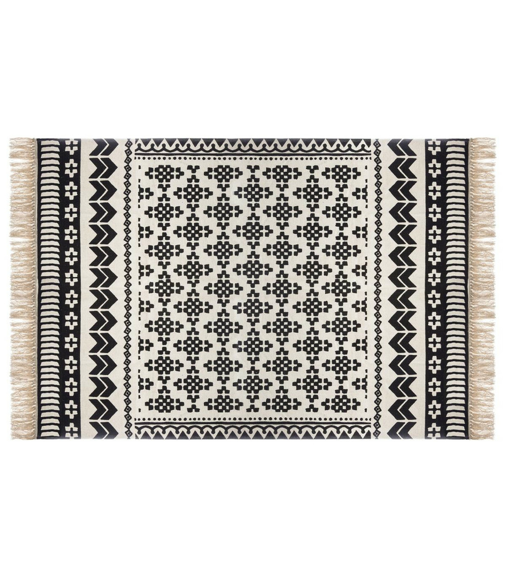 Tapis décoratif en coton noir et écru 120 x170 cm