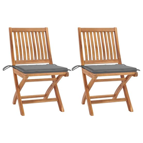 Chaises pliantes (lot de 2) avec coussins gris, en teck massif
