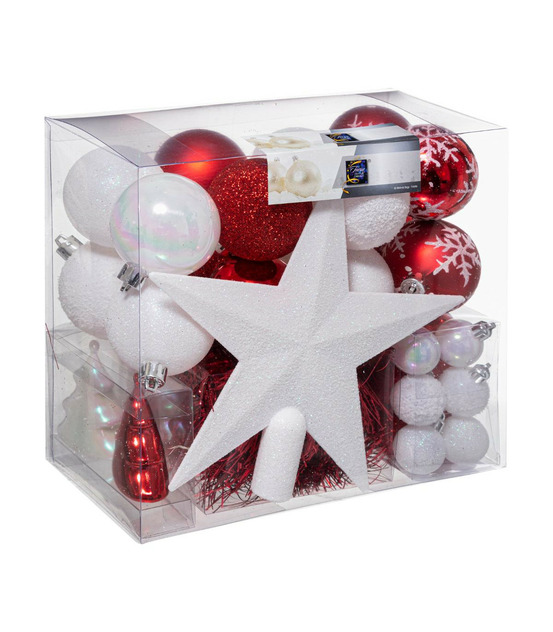 Déco de sapin de noël kit 44 pièces, boule, guirlande et cimier - rouge et blanc