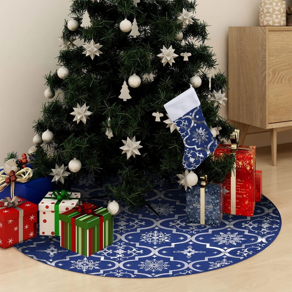 Jupe de sapin de noël de luxe avec chaussette bleu 90 cm tissu