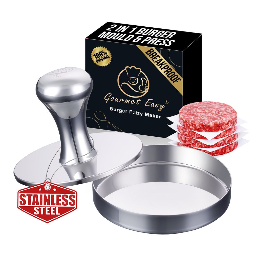 Presse burger 2 en 1 et moule steak haché inox avec papier séparateur