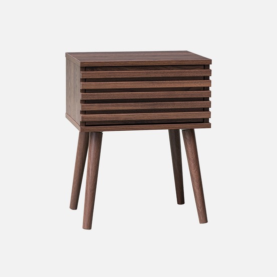 Table de chevet style scandinave décor bois avec tiroir rainuré et pieds compas