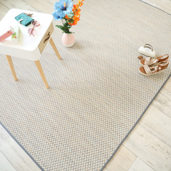 Tapis extérieur ou intérieur en tissé plat - sumatra silver multicolore - galon gris ardoise - 120 x 170 cm