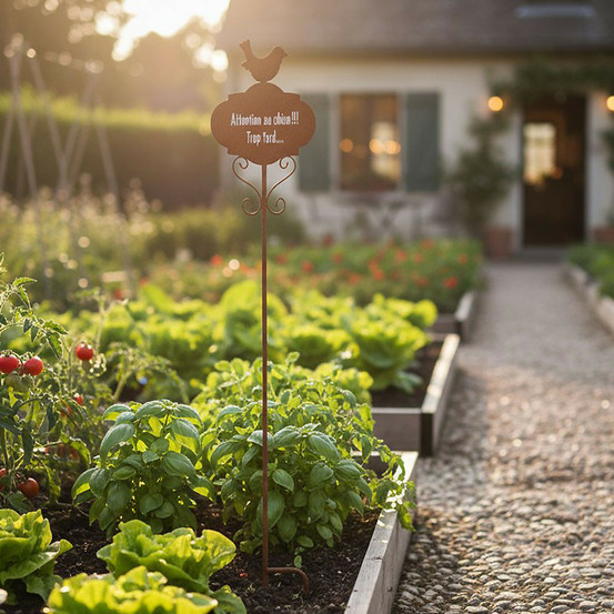 Tuteur de jardin humoristique attention au chien trop tard en métal 18x100cm
