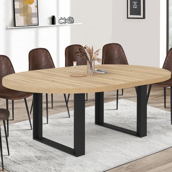 Table à manger extensible ronde phoenix 6-10 personnes bois et noir 140-200 cm