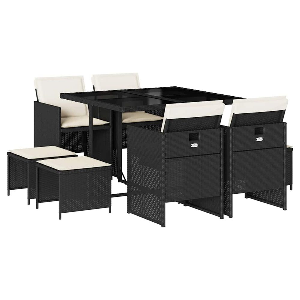 Ensemble à manger jardin 9pcs et coussins noir résine tressée