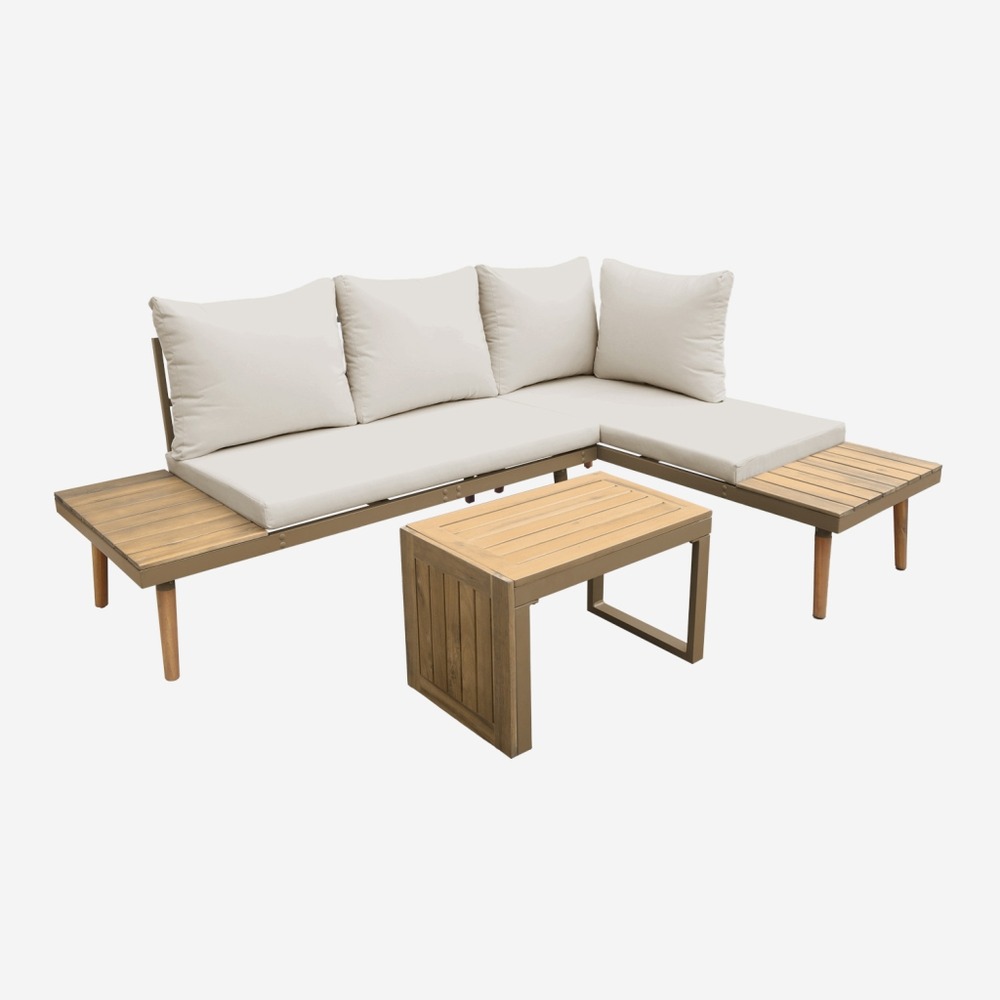 Salon modulable, sao paulo, aluminium et acacia, 4 places 140 x 68 x 65cm