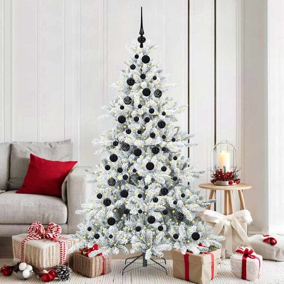 Sapin de noël artificiel blanc 180 cm, pack tout-en-un avec guirlande lumineuse et 120 boules