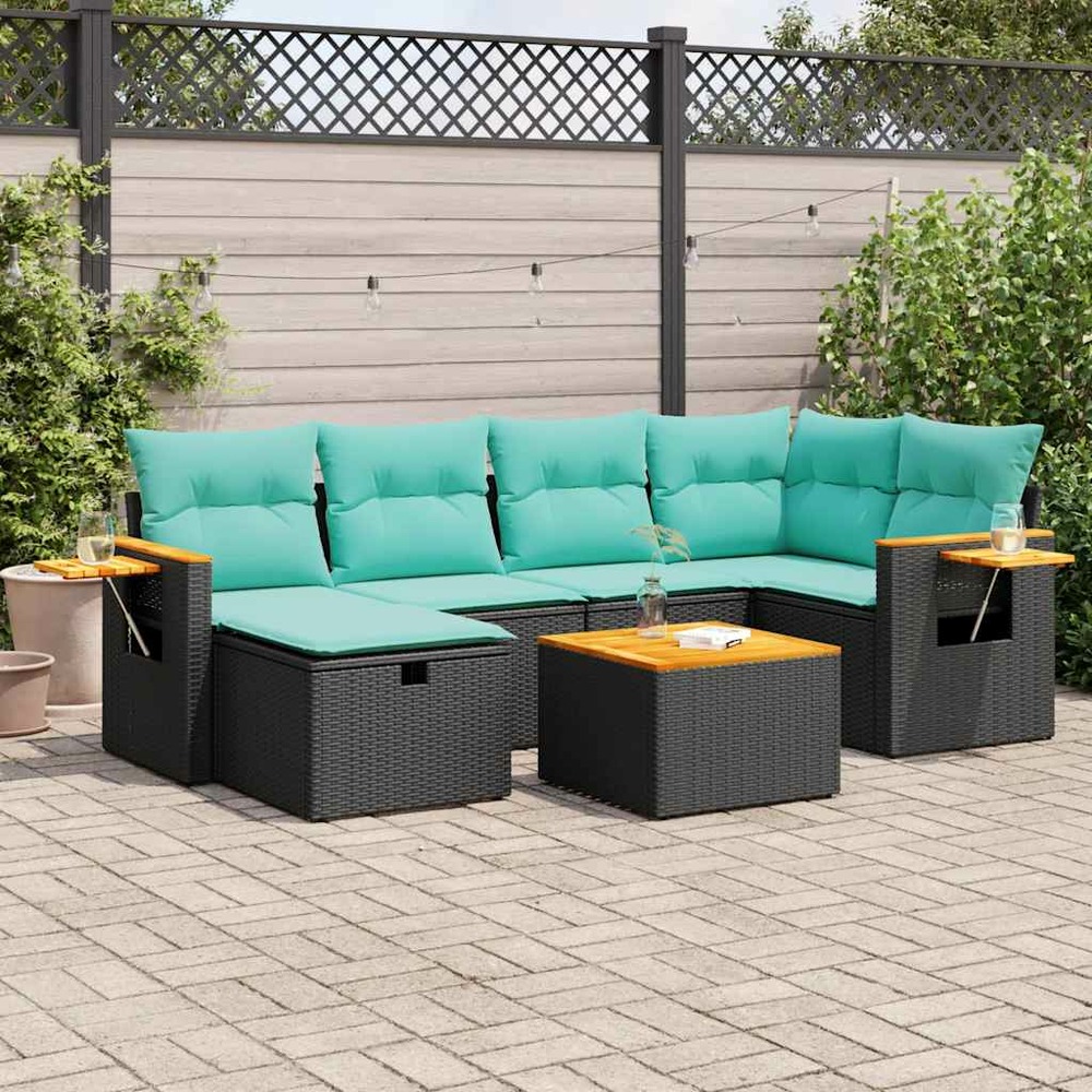 Salon de jardin 7 pcs avec coussins noir résine tressée