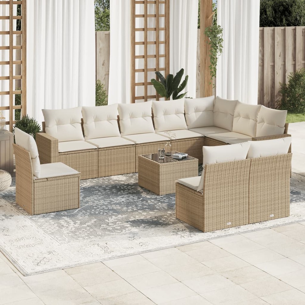 Salon de jardin 11 pcs avec coussins beige résine tressée