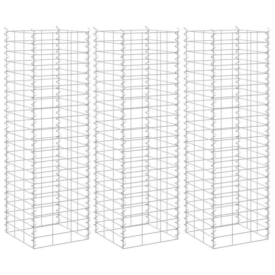 Ensemble 3 colonnes gabion fer robuste pour mur de soutènement et décoration argent 30x30x100cm