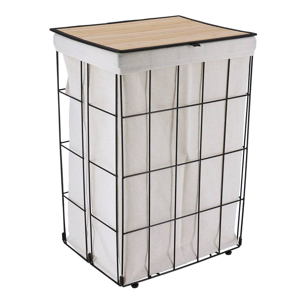 Panière à linge pliable en métal et tissu avec couvercle en bambou noir et naturel