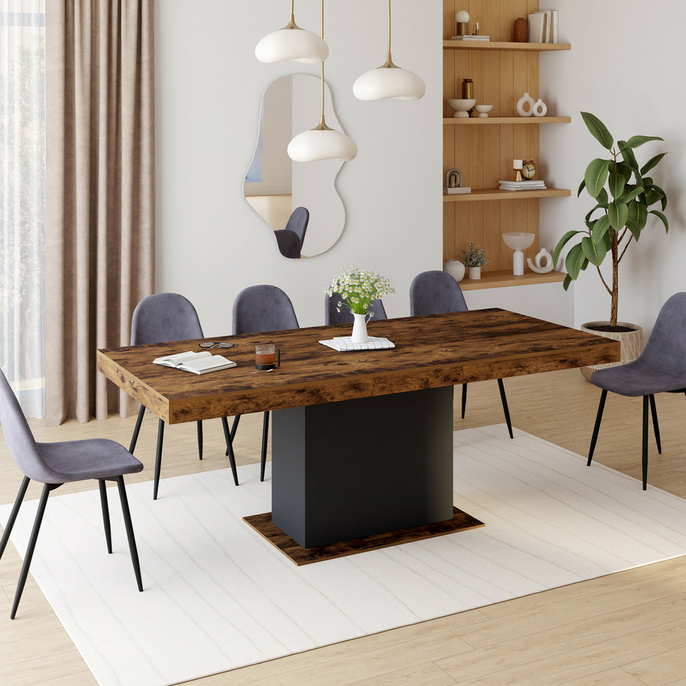 Table à manger extensible rectangle eden 6-10 personnes bois effet vieilli et noir 160-200 cm