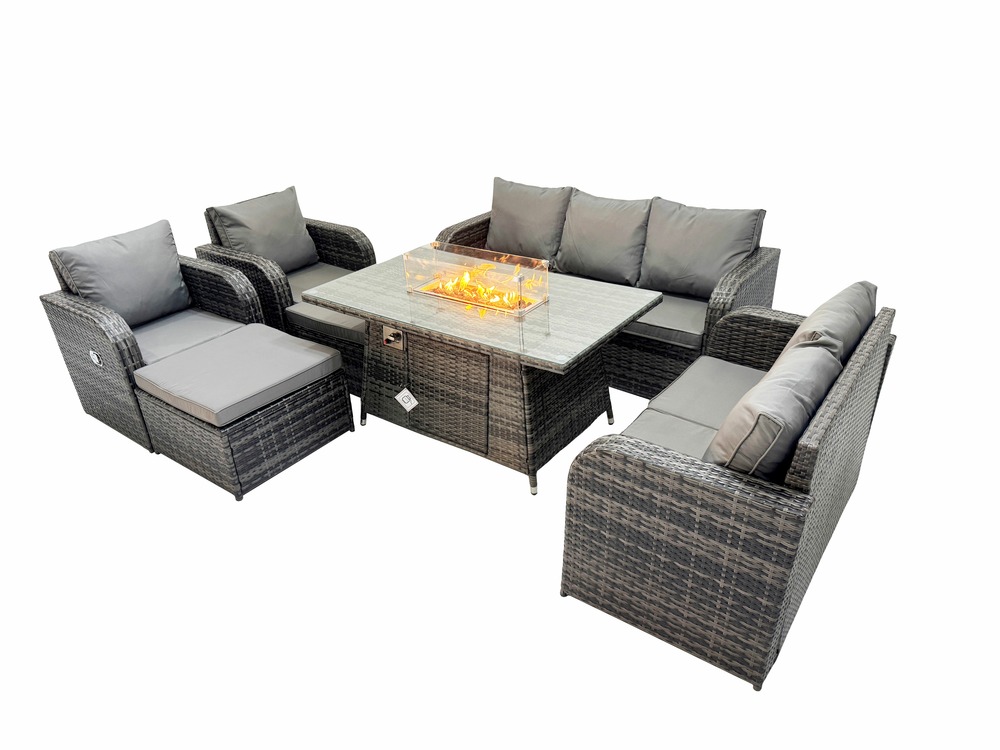 Ensemble salon de jardin extérieur en polyrotin table de foyer à gaz et canapé fauteuil avec 2 grand tabourets