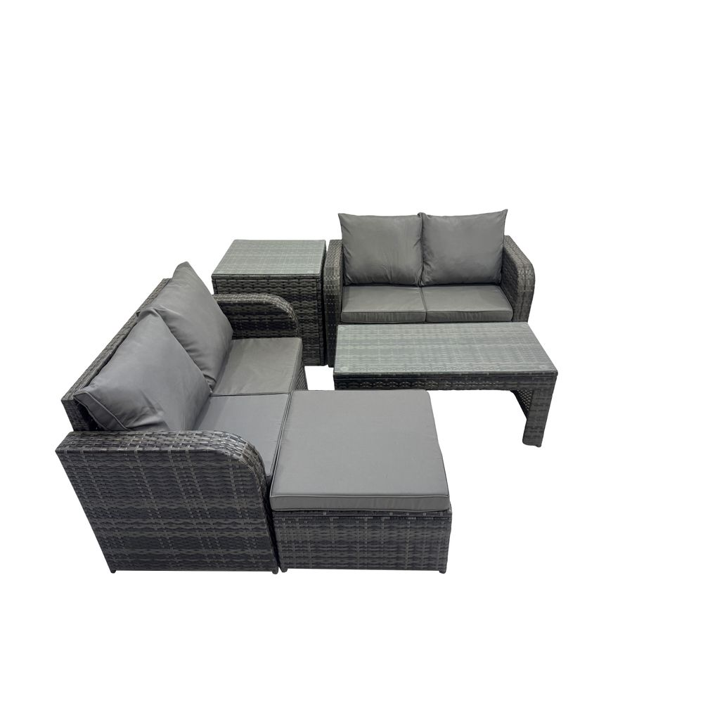 Dossier haut salon de jardin avec canapé d'amour table basse rectangulaire grand tabouret table d'appoint gris foncé mixte