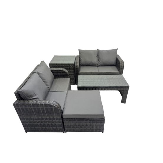 Dossier haut salon de jardin avec canapé d'amour table basse rectangulaire grand tabouret table d'appoint gris foncé mixte