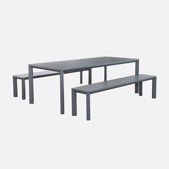 Table de jardin aluminium et 2 bancs, 8 places, 200 x 40 x 45 cm