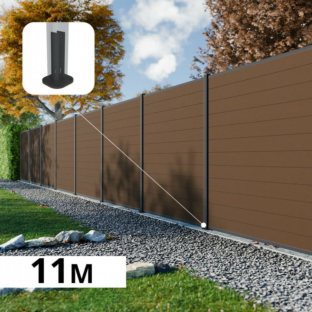 Kit clôture composite rio bronze 11x1,8m - bois composite & aluminium - poteaux sur platines gris - brise vue - palissade