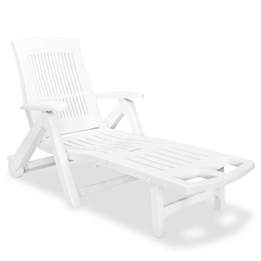 Transat chaise longue bain de soleil lit de jardin terrasse meuble d'extérieur avec repose-pied plastique blanc
