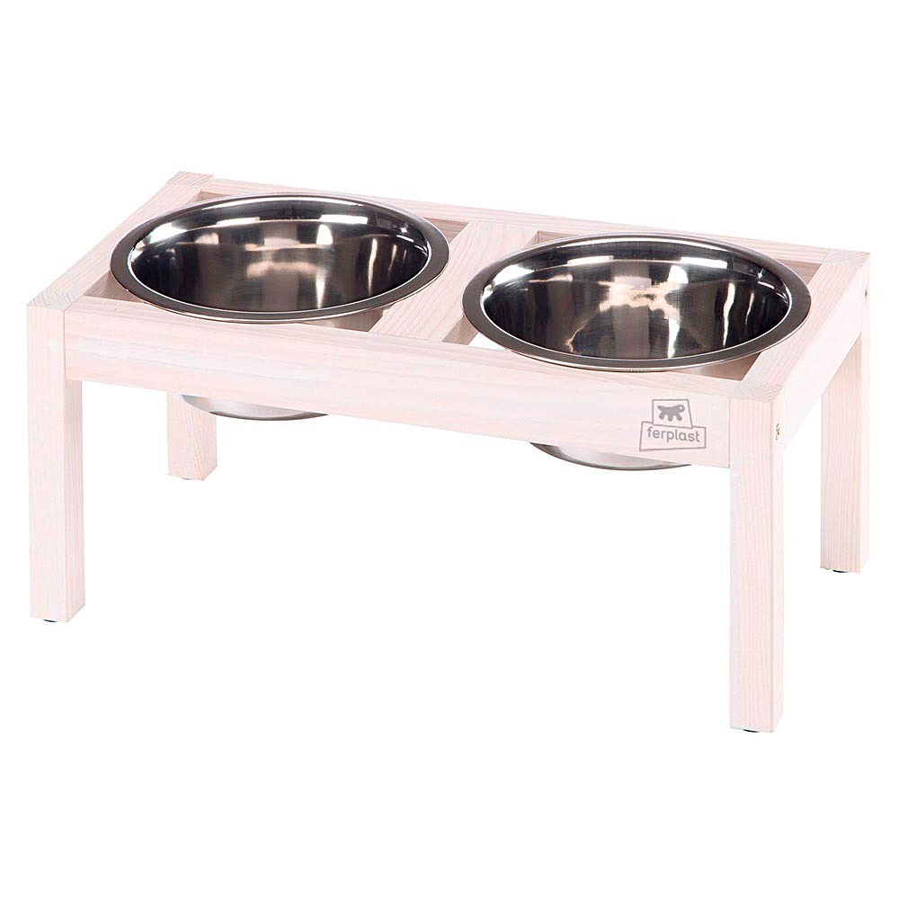 Ferplast support de gamelle pour chien desco wood, avec 2 gamelle en acier inoxydables - élégante gamelle en bois surélevée et