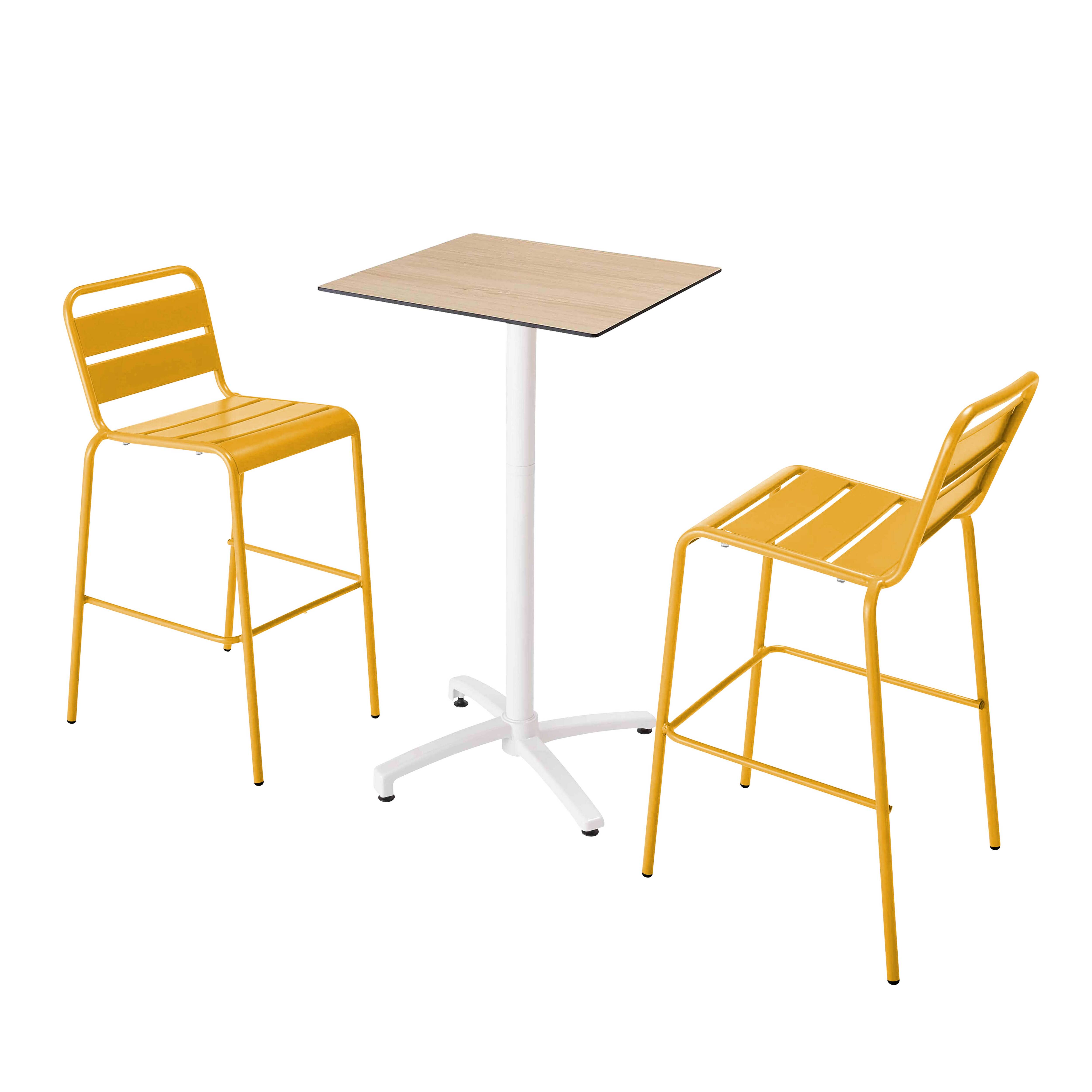 Ensemble table haute stratifié chêne clair et 2 chaises hautes jaune