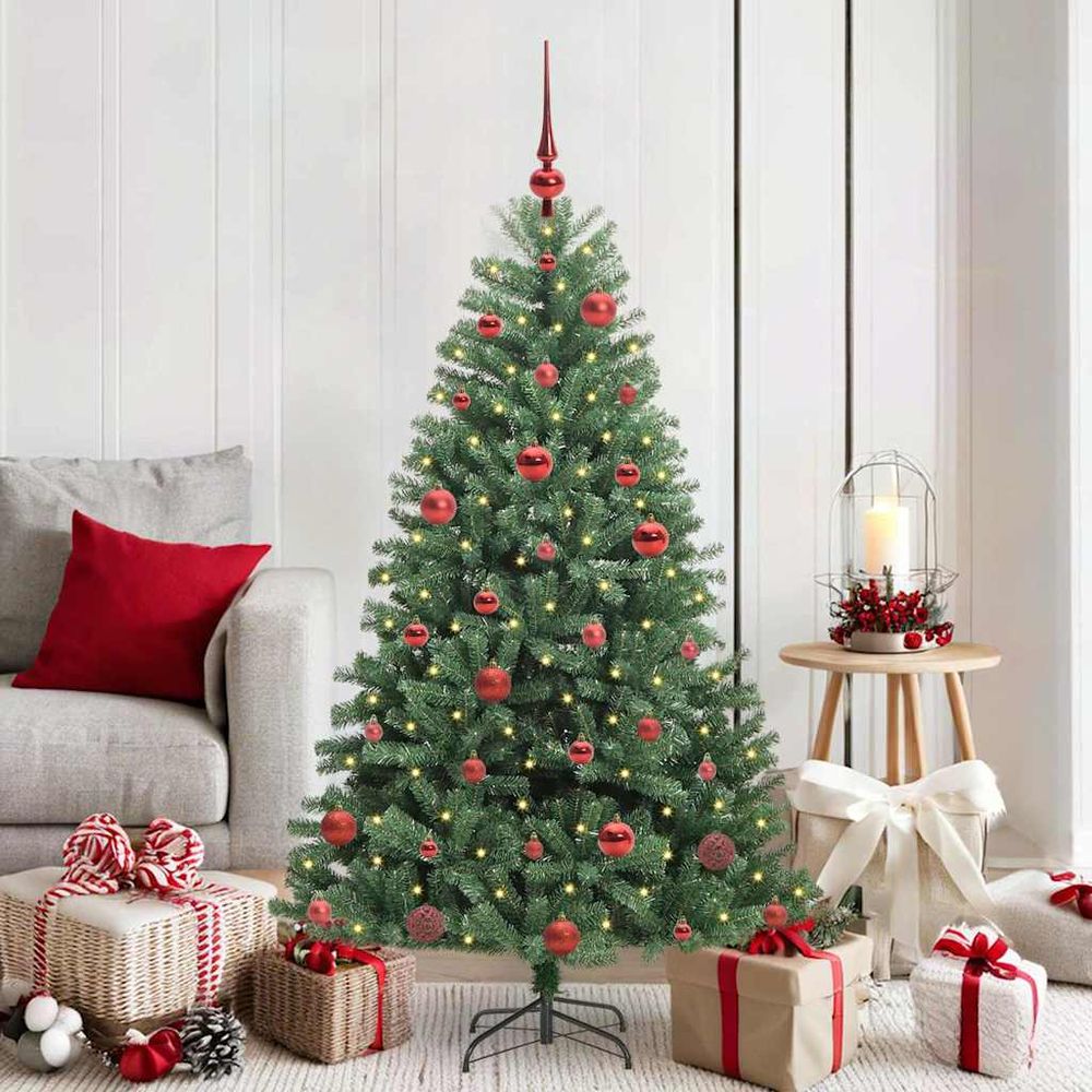 Sapin de noël à monter 150 cm, pack complet avec guirlande lumineuse et 61 décorations