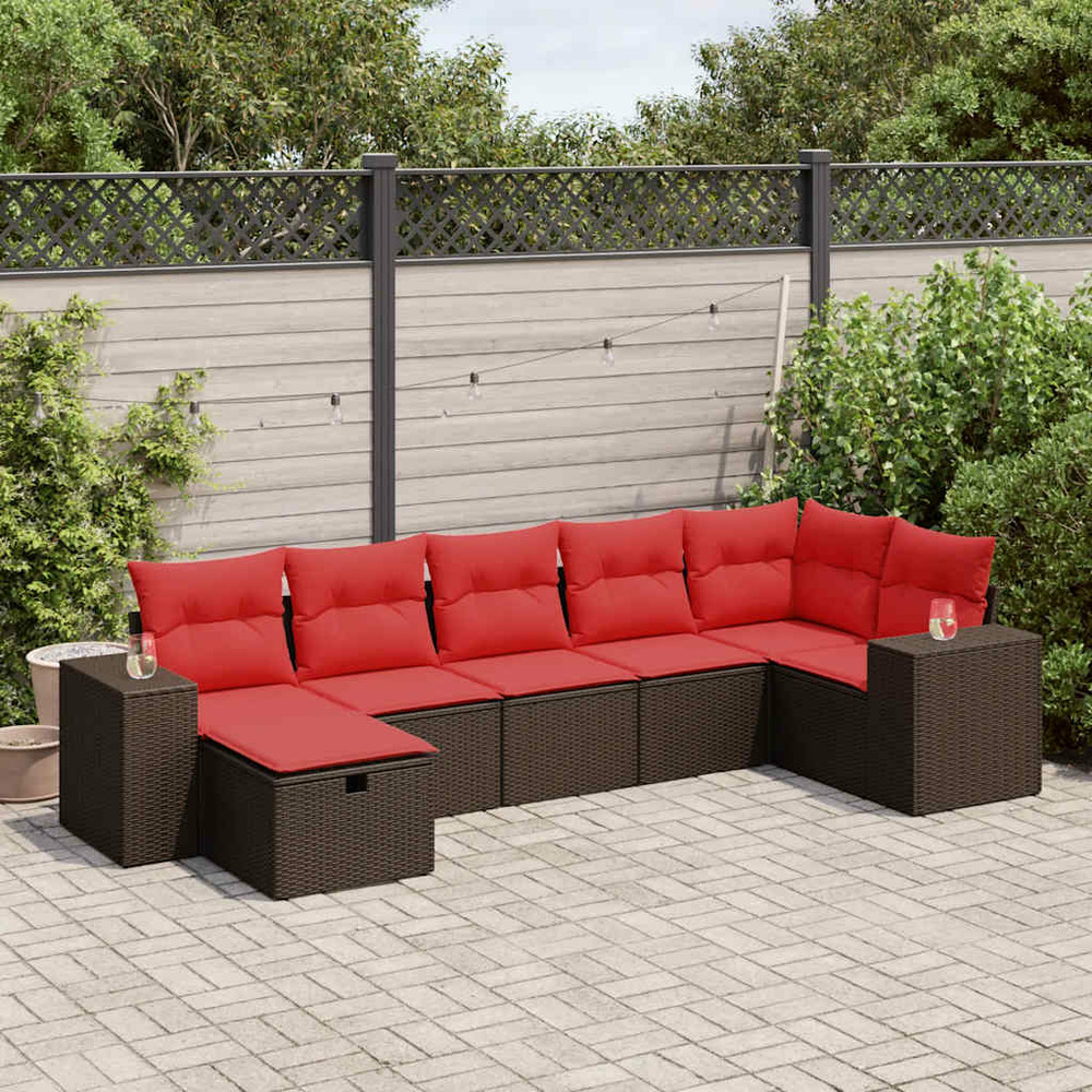 Salon de jardin avec coussins 7 pcs marron résine tressée