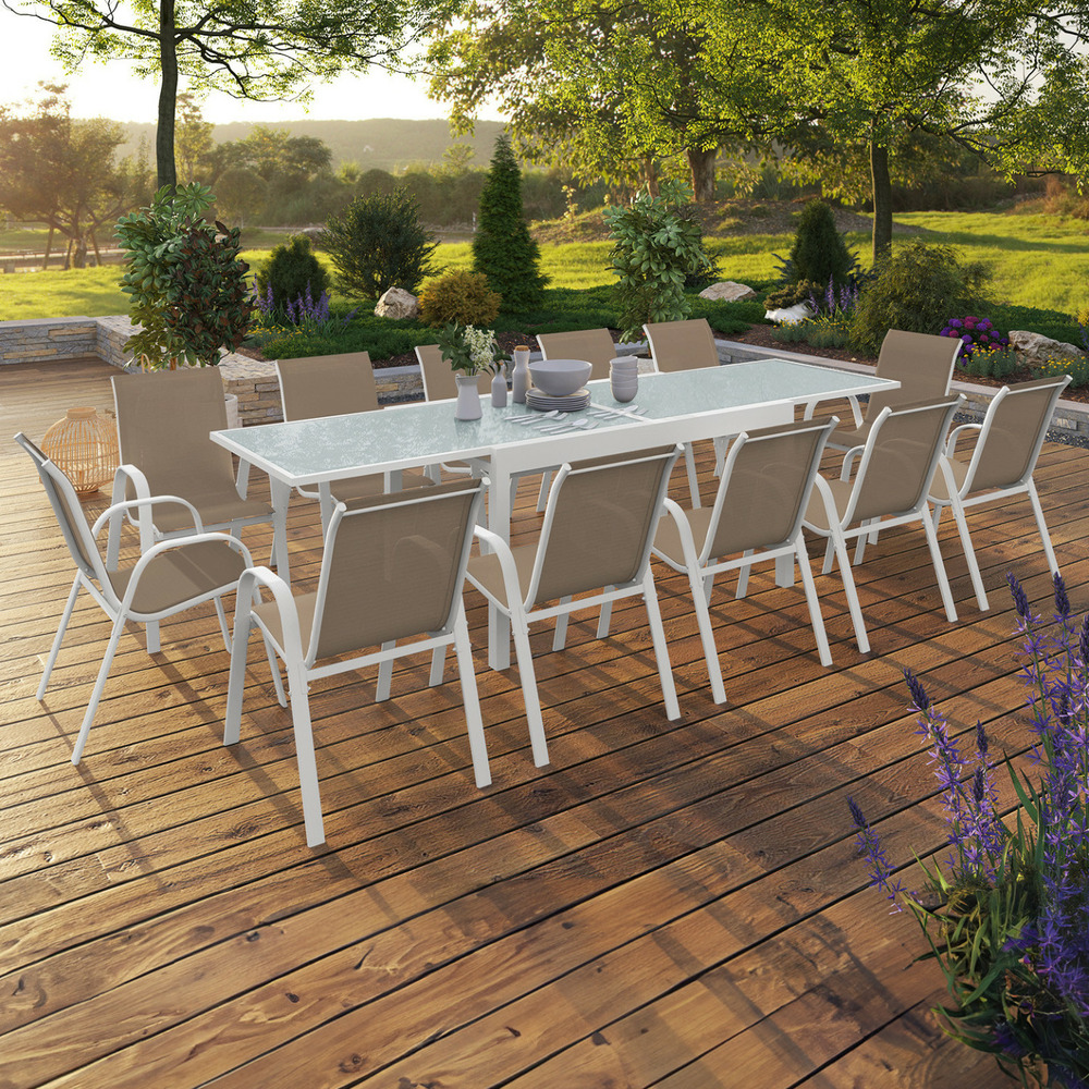 Salon de jardin madrid table extensible 135-270 cm et 12 chaises empilables blanc et beige