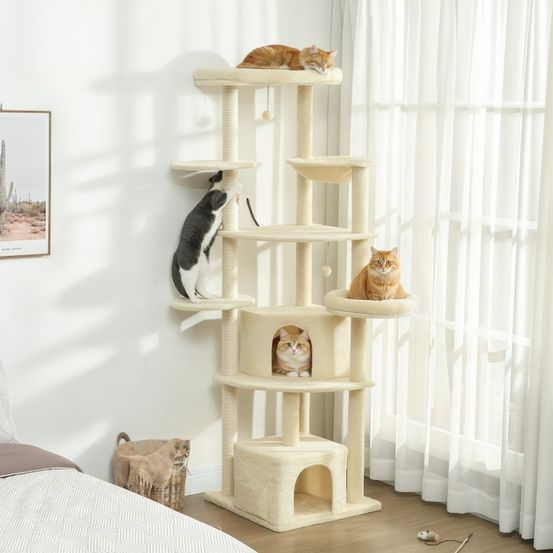 Arbre à chat xxl 200cm sisal naturel hamac 2 cabanes multi-niveaux beige