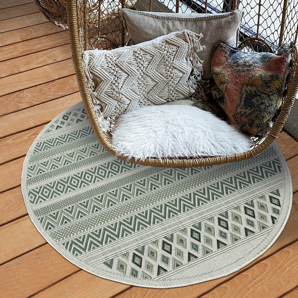 Tapis extérieur ø160cm rond tissé kilim vert et vert clair raya