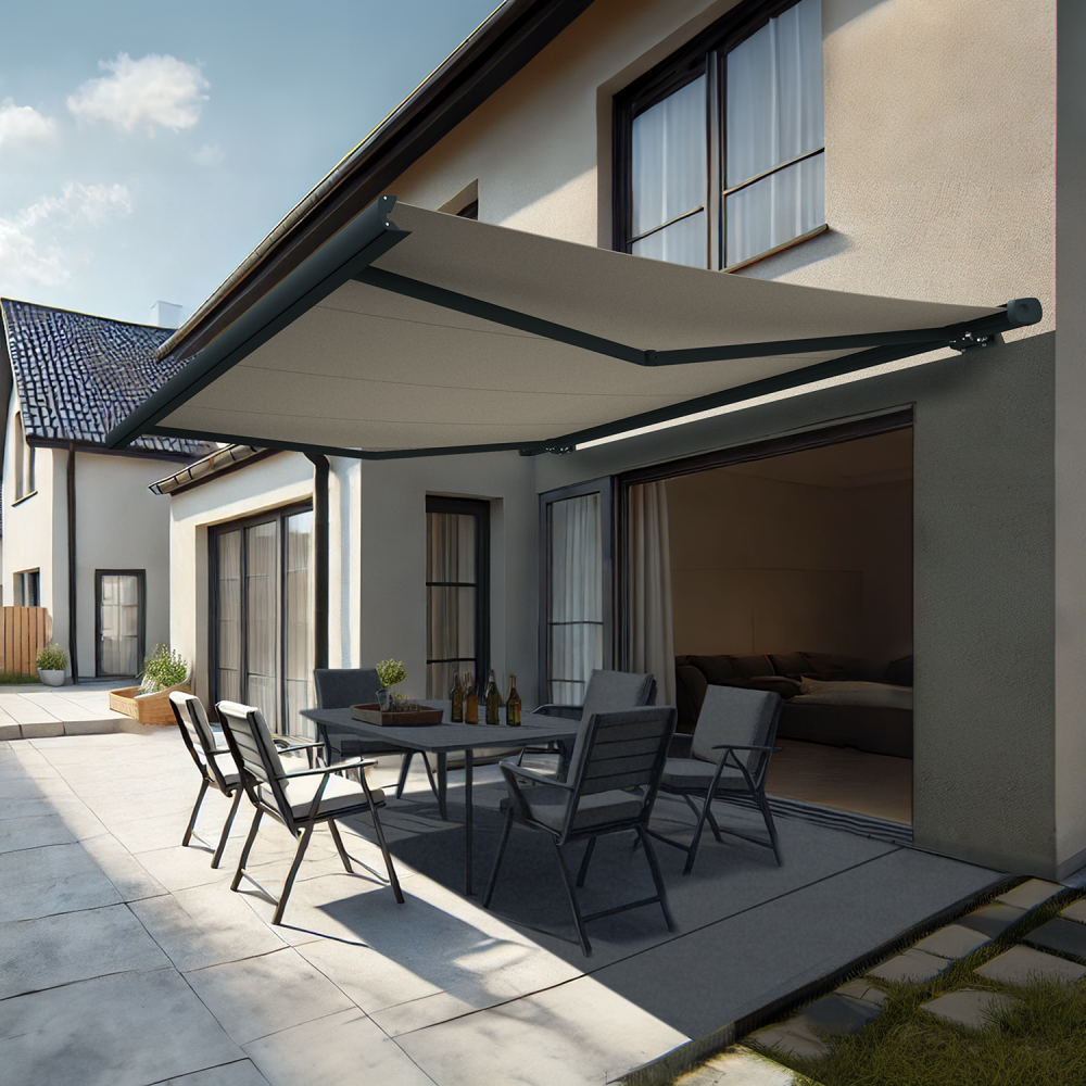 Store banne coffre yukon (motorisé secours à télécommande + led - écru - gris anthracite - 4,20 x 3,00m)