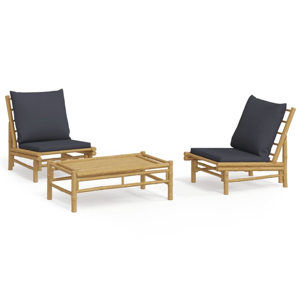 Salon de jardin 3 pcs avec coussins gris foncé bambou