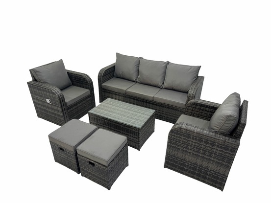 Salon de jardin exterieur ensemble de canapés en rotin avec chaise inclinable table basse 2 petit pouf gris foncé mixte