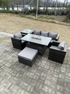 Outdoor pe rotin garden furniture foyer à gaz table à manger fauteuils hauts côtés table basse grand tabouret pieds gris foncé mixte