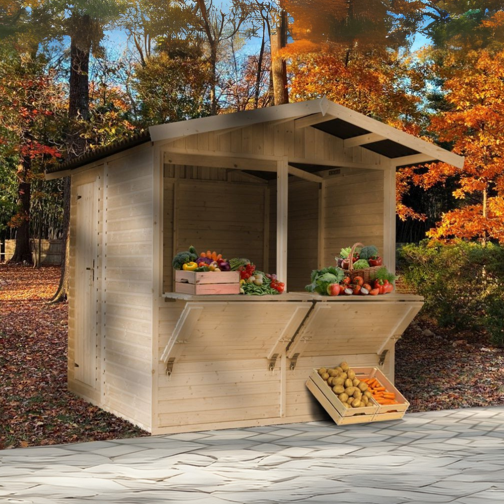Maison de jardin en bois, étal de marché en bois, grand stand de vendeur avec comptoir h232x253x263 cm/4 m2, m149