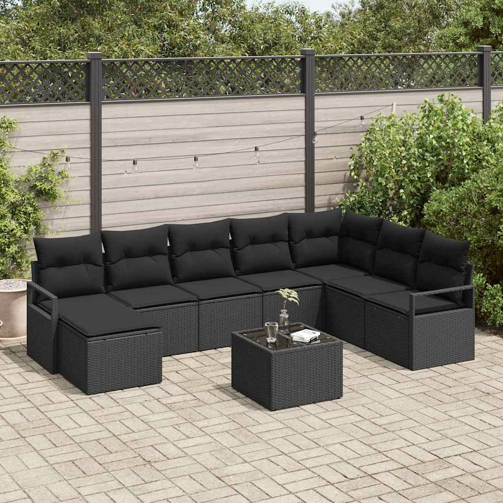 Ensemble de canapés avec coussin 9 pcs noir polyrotin
