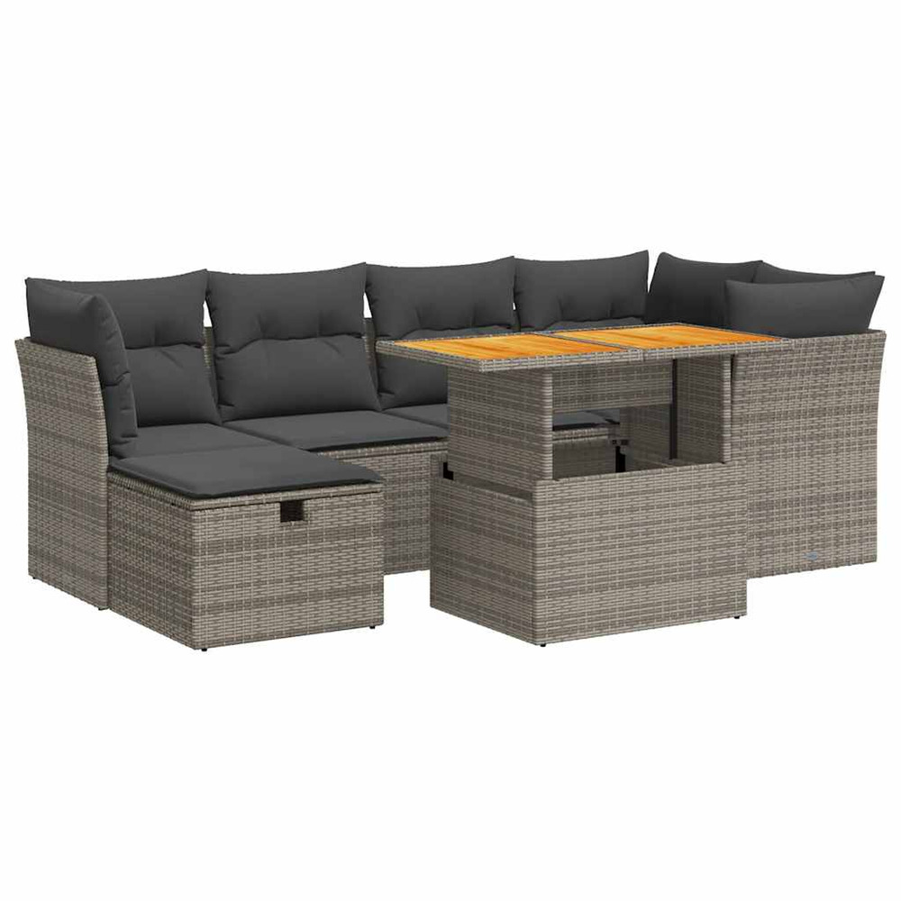 Salon de jardin avec coussins 7 pcs gris résine tressée acacia