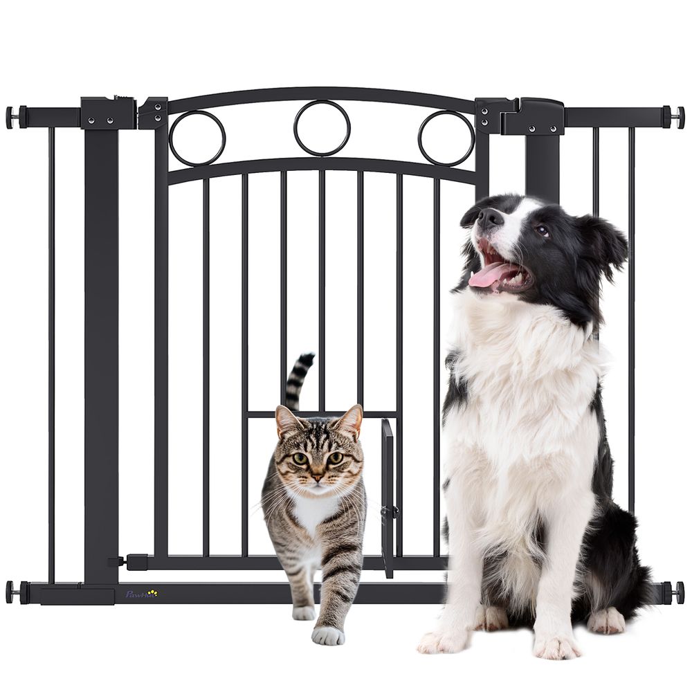 Barrière pour chien métal noire 76-104 x 77 cm porte escalier avec porte pour chat