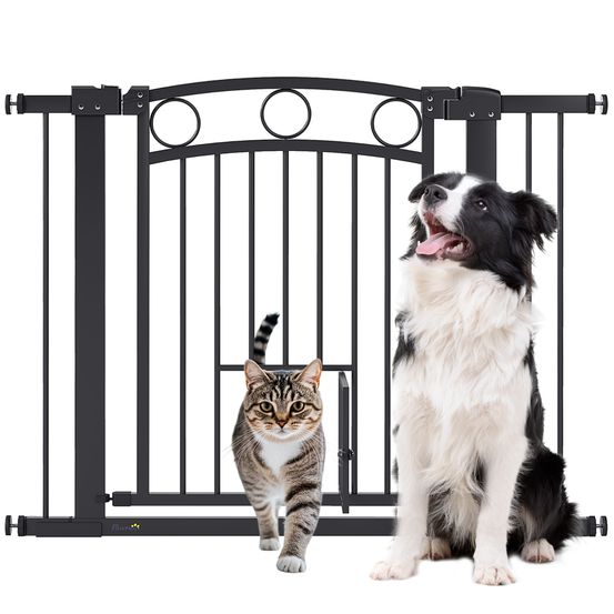 Barrière pour chien métal noire 76-104 x 77 cm porte escalier avec porte pour chat