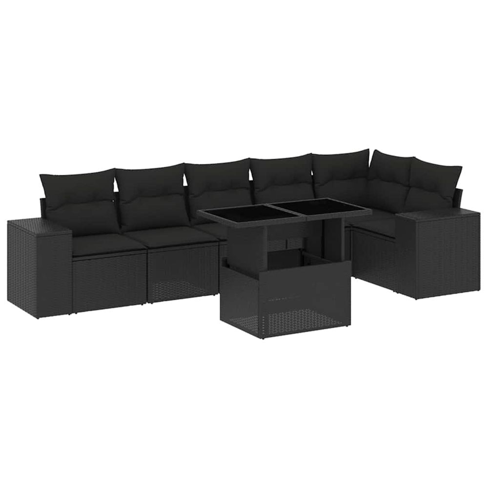 Salon de jardin 7 pcs avec coussins noir résine tressée