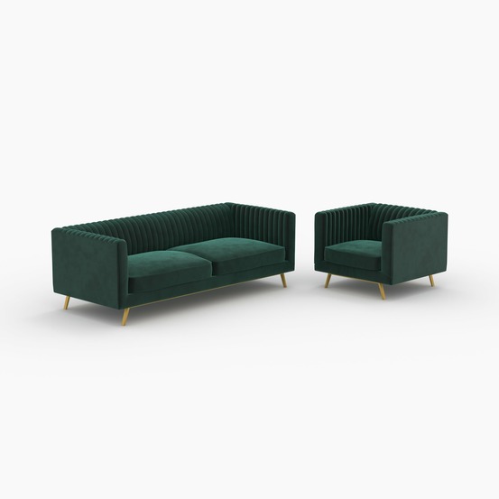 Gatsby-ensemble canapé et fauteuil en velours vert 3 places