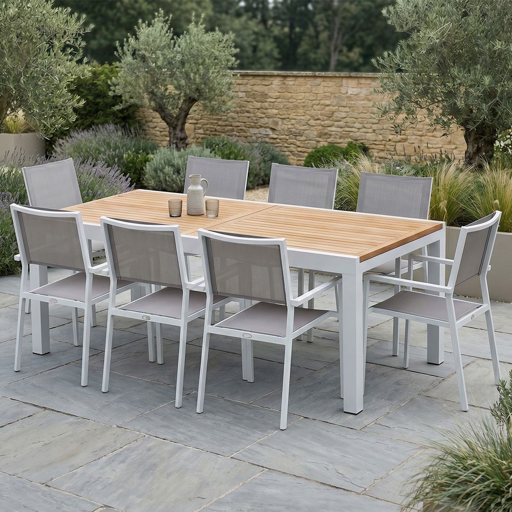 Ensemble de jardin aluminium blanc et teck 8/12p 8 fauteuils baliteck