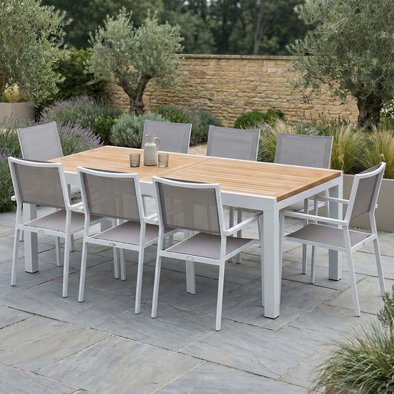 Ensemble de jardin aluminium blanc et teck 8/12p 8 fauteuils baliteck