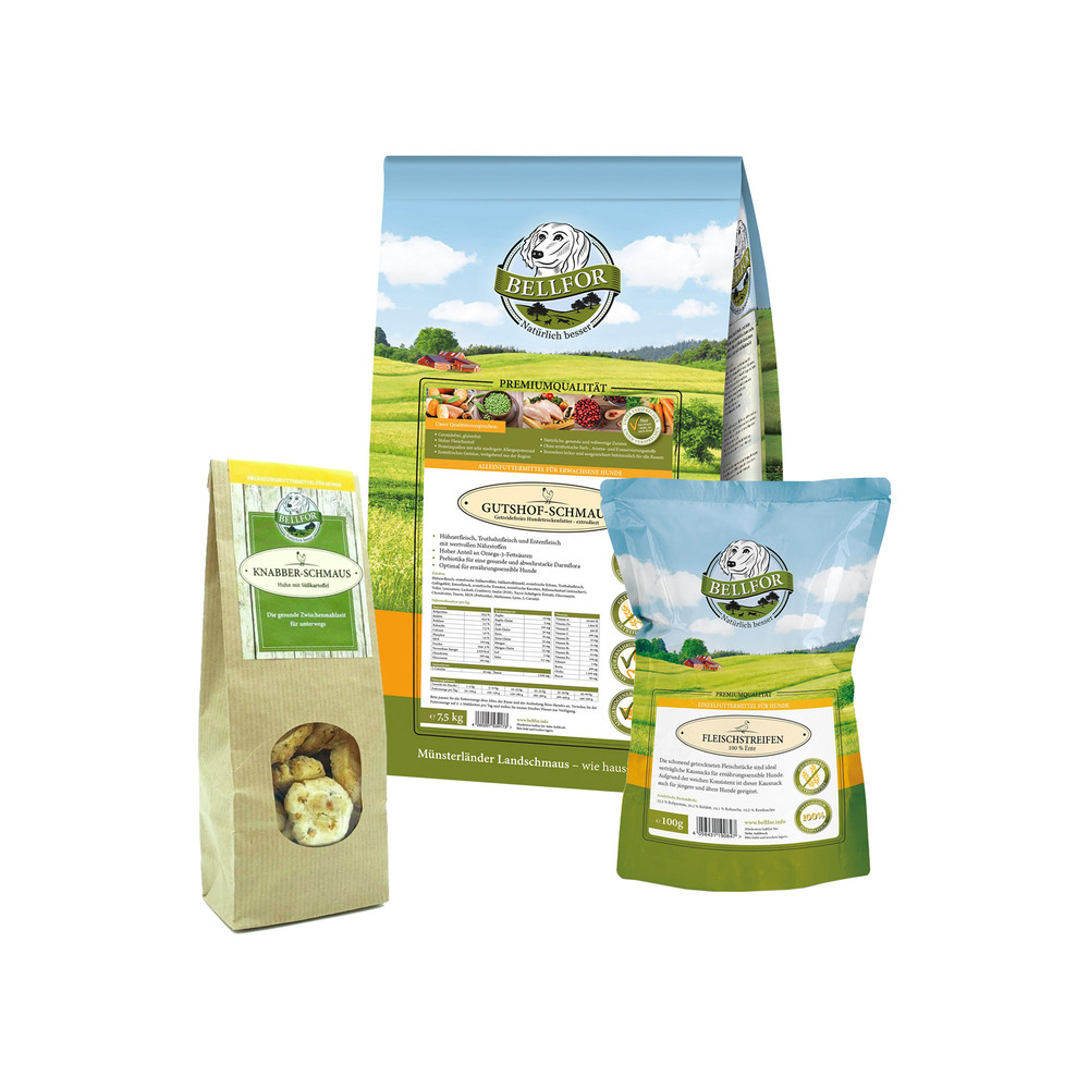 Kit économique no. 4 - festin de la propriété 7,5kg + lanières de viande de canard 100g + festin de gibier 100g