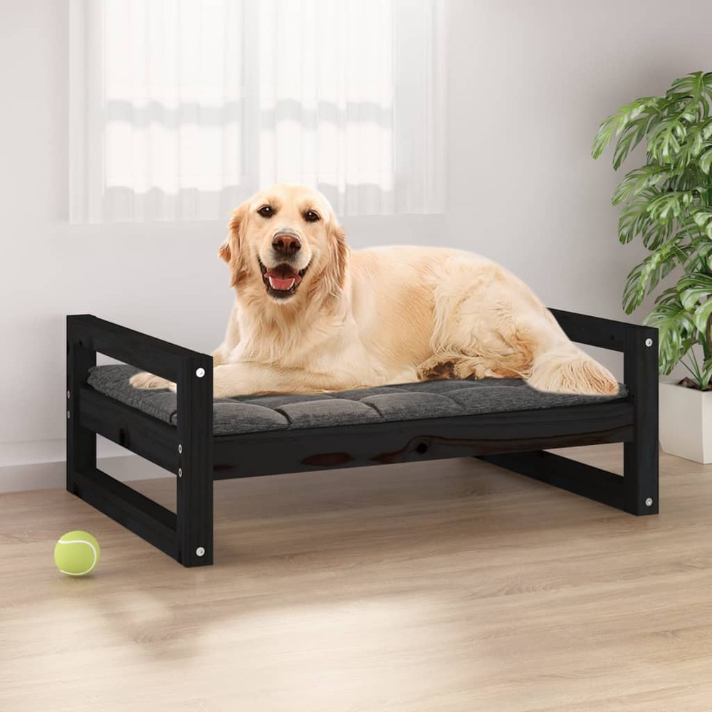 Lit pour chien noir 75,5x55,5x28 cm bois de pin solide