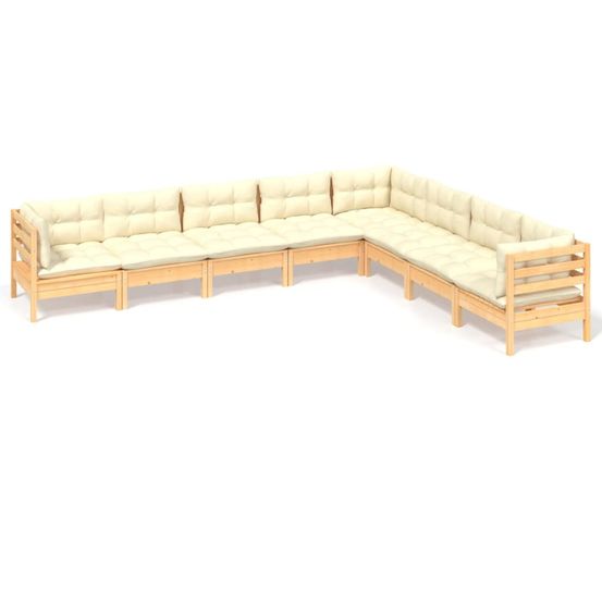 Salon de jardin 8 pcs avec coussins crème bois de pin massif